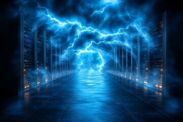 Sticker - Glowing blue storm cloud in a data center symbolizing the dynamic and powerful energy of cloud computing technology in modern digital infrastructures