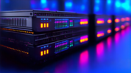 Close-up view of server equipment with vibrant lights, representing modern technology and data storage solutions.