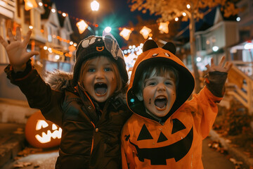 Wall Mural - Trick or Treat with excited children, enjoying Halloween night in their festive costumes