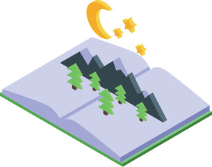 Wall Mural - Isometric open book creating mountain landscape with moon and stars at night