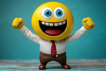 Wall Mural - Cheerful emoji character raising arms in victory on a teal background symbolizing success positivity and happiness in a modern minimalist representation of emotions and achievement