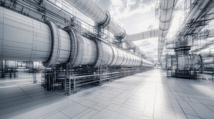 Sketch of the structure of gas pipeline pipes in a refinery on a white background.