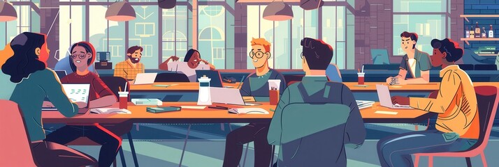 Fototapete - A group of young entrepreneurs share ideas and work on projects at a bustling cafe, surrounded by laptops, notebooks, and steaming coffee cups. Generative AI