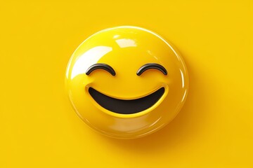 Sticker - Glossy Yellow Smiley Face with a Wide Grin on a Bright Yellow Background Capturing Joy Positivity and the Bold Simplicity of Happiness in a Clean and Modern Design