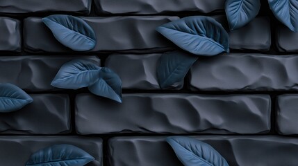 Abstract textured blue leaves on black brick wall background