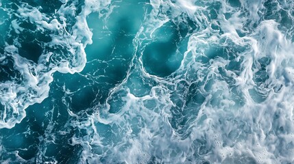 Aerial view of turbulent ocean waves in shades of blue and white.