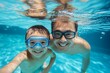 © 为轩 张 - Father and son swimming underwater in a pool, wearing goggles and smiling at the camera, high-resolution, professional color grading, sharp focus, and soft shadows.