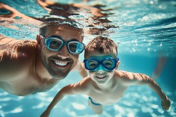 Father and son swimming underwater in a pool, wearing goggles and smiling at the camera, high-resolution, professional color grading, sharp focus, and soft shadows.