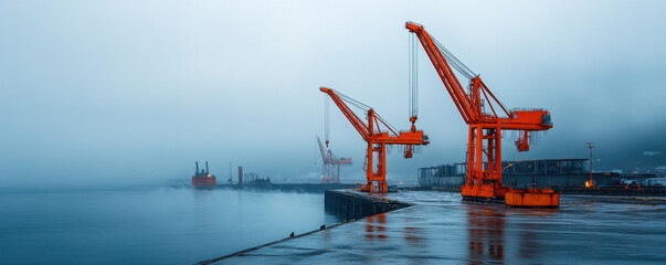 Orange industrial cranes stand in a foggy harbor, creating a moody and atmospheric scene at a port.