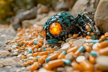 Poster - Futuristic Robotic Insect Crawling Amongst Pills in a Natural Environment Representing the Intersection of Nature Technology and Pharmaceutical Innovation in a Sci Fi Context