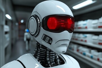 Canvas Print - Close Up of a White Humanoid Robot with Red Visor in a High Tech Environment Symbolizing Advanced Robotics Artificial Intelligence and the Future of Human Machine Interaction