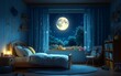 © kinara art design - A cozy bedroom at night with a bright moon and starry sky visible through the window.