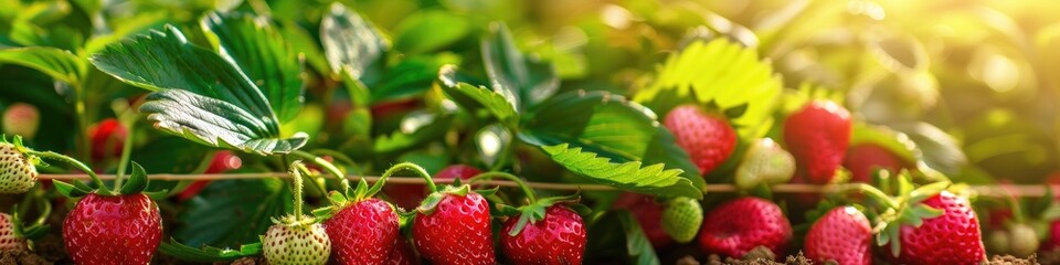 Canvas Print - Close-up view of ripe red strawberries among lush green leaves in a farm field during harvest.