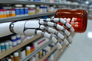 Poster - Futuristic Robotic Hand Reaching for a Red Capsule Symbolizing the Intersection of Medicine Technology and Advanced Robotics in a High Tech Sci Fi World