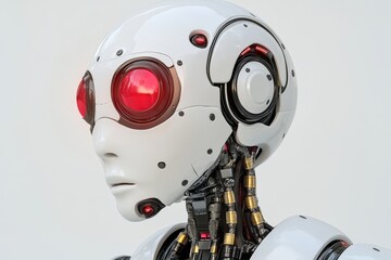 Sticker - White Futuristic Humanoid Robot with Red Sensors Symbolizing Advanced Robotics AI and the Future of Human Machine Integration in a Sci Fi Context