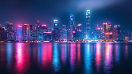 Poster - A vibrant city skyline at night, reflecting colorful lights on the water.