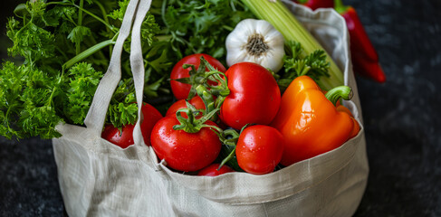 Fresh vegetables in a reusable bag on a kitchen countertop