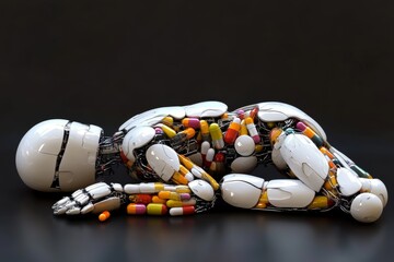 Wall Mural - Futuristic Android Lying Amongst Capsules Highlighting the Intersection of Medicine Technology and Artificial Intelligence in a Sci Fi World