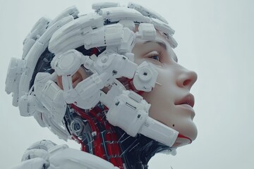 Poster - Side Profile of a Futuristic Female Android with Exposed Internal Components Symbolizing the Fusion of Technology Humanity and Artificial Intelligence in a Sci Fi World