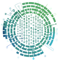 Abstract Circular Digital Data Network Pattern with Green and Blue Geometric Shapes and Technological Elements