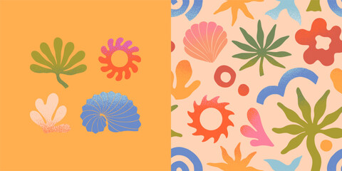 Wall Mural - vector summer cards.nature elements and artistic seamless pattern.hand drawn palm,sun,coral,seashell