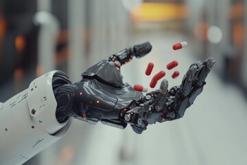 Sticker - Futuristic Robotic Hand Releasing Red Capsules Highlighting the Fusion of Medicine Technology and Robotics in a Sci Fi World