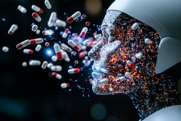 Poster - Futuristic Face Disintegrating into Capsules Symbolizing the Breakdown of Identity in a Sci Fi World of Medicine and Technology