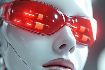 Poster - Close Up of a Futuristic Android with Red Visor Representing Advanced AI Robotics and Human Machine Integration in a Sci Fi World