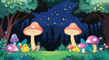 Sticker - Fantasy Forest Nighttime Illustration with Mushrooms and Stars