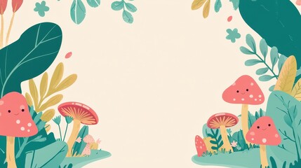 Poster - Cute Cartoon Mushroom Illustration with Green Foliage and White Background