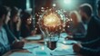 © afridwi1999 - Creative Collaboration at the Work Desk with Brain Bulbs on, Representing Innovative Ideas and Dynamic Team Synergy