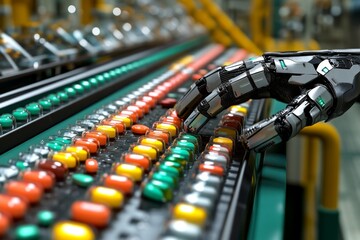 Sticker - Futuristic Robotic Arm on an Automated Assembly Line Highlighting the Advanced Integration of AI Technology and Automation in a Sci Fi World