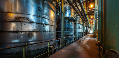 Industrial tanks line a corridor in a large manufacturing facility at dusk