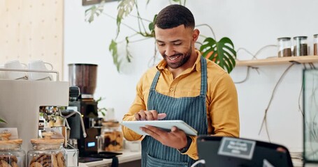 Canvas Print - Man, cafe and tablet for social media, update or feedback as employee in small business. Male person, barista and tech for communication, community management or digital footprint with excited on app