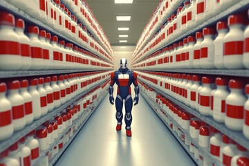 Canvas Print - Futuristic humanoid racing down a corridor lined with various colored medications