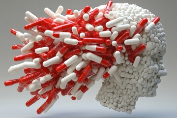 Poster - Dynamic dispersion of red and white pills from a human brain model against a stark white background