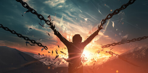 a person breaking chains at sunset, symbolizing freedom and liberation from burdens