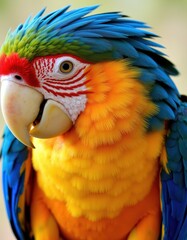 Vibrant close-up of a colorful parrot with bright blue, green, yellow, and orange feathers displaying intricate patterns.