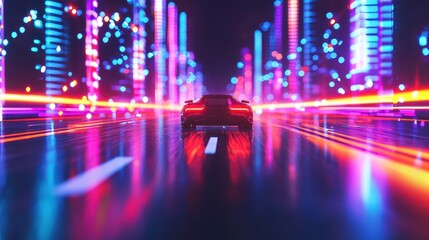 Poster - Futuristic City Night Neon Lights Car Speeding