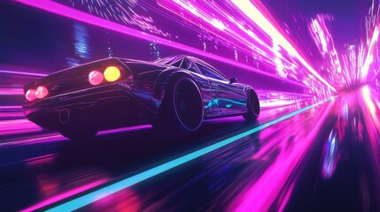 Wall Mural - Futuristic Car Speeding Through Neon Lights