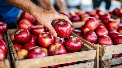 hand reaching for a shiny apple amidst a collection of wooden crates filled with ripe fruit. The image captures the temptation of choice and abundance, set against a rustic backdrop