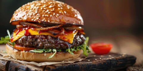 Sticker - Cheeseburger with beef patty caramelized onions melted cheese ripe tomatoes and tangy barbecue sauce served on a rustic wooden board with a sesame seed bun