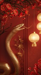 Wall Mural - Chinese new year decorations. Happy chinese new year, year of the snake zodiac sign hanging beautiful lantern and flowers on red background.