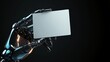 © kinara art design - A robotic hand holding a blank white card, with glowing blue and gold accents, against a dark background.