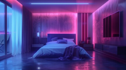 Canvas Print - Neon lit modern bedroom offering a tranquil escape with stylish furnishings and atmospheric lighting