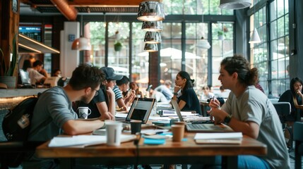 Poster - Young entrepreneurs engage in teamwork at a modern cafe surrounded by laptops, notebooks, and coffee cups, creating a vibrant workspace atmosphere. Generative AI