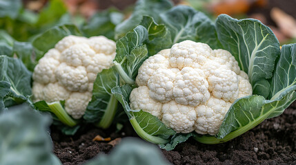 Canvas Print - cauliflower plant stands tall in a vibrant green field, bathed in sunlight. The detailed texture of the vegetable contrasts with the soft, blurred background, emphasizing nature's abundance and harves