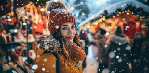 Young woman smiles at a festive winter market while snow falls gently on the scene in December