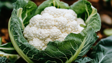 Poster - cauliflower plant stands tall in a vibrant green field, bathed in sunlight. The detailed texture of the vegetable contrasts with the soft, blurred background, emphasizing nature's abundance and harves