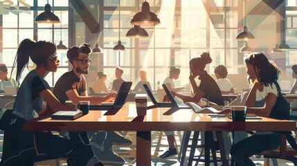 Aufkleber - A group of young entrepreneurs engages in teamwork at a bustling café, brainstorming and sharing ideas over laptops and coffee. Generative AI